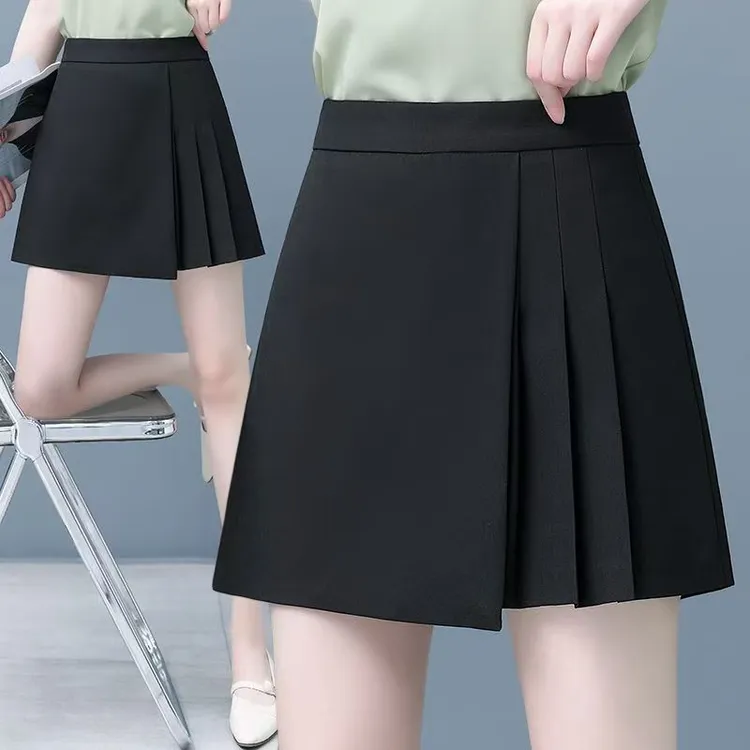 灰色西装短裤女士夏季新款高腰薄款裤裙休闲a字百褶阔腿裤裙子子