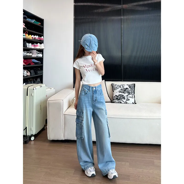 王家有鱼【小个子定制】复古蓝阔腿裤女2025夏季新款宽松工装牛仔裤