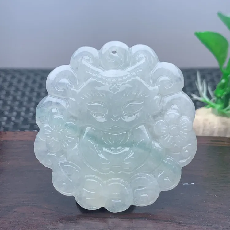 缅甸天然A货翡翠玉面狐狸糯冰种雪花棉飘花九尾狐仙挂件吊坠仿古