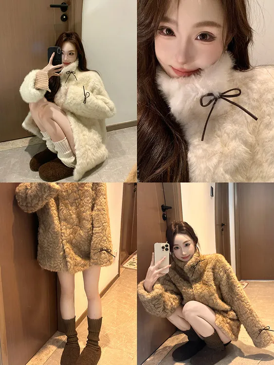 秋冬季新款长袖厚款女立领染尖慵懒感韩系短款毛毛外套