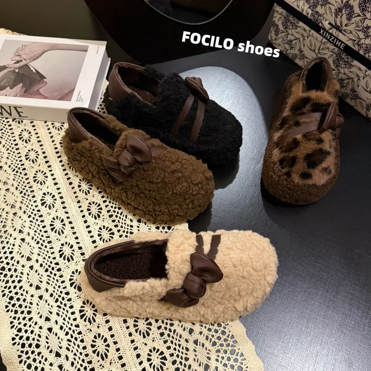 厚底蝴蝶结毛毛鞋女外穿秋冬季新款加绒羊羔毛豆豆鞋保暖雪地棉鞋