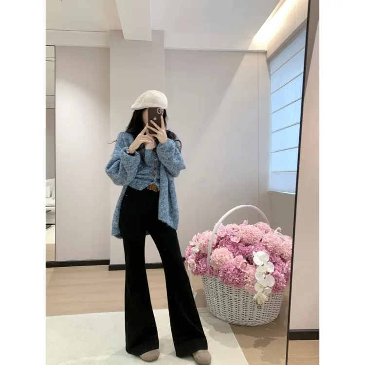 设计感绝美气质针织抹胸韩系百搭显瘦开衫秋冬高腰垂感微喇裤套装