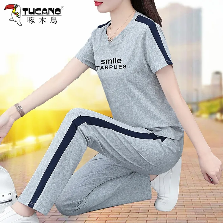 啄木鸟夏季薄款运动套装女2025新款洋气女士短袖宽松休闲服两件套