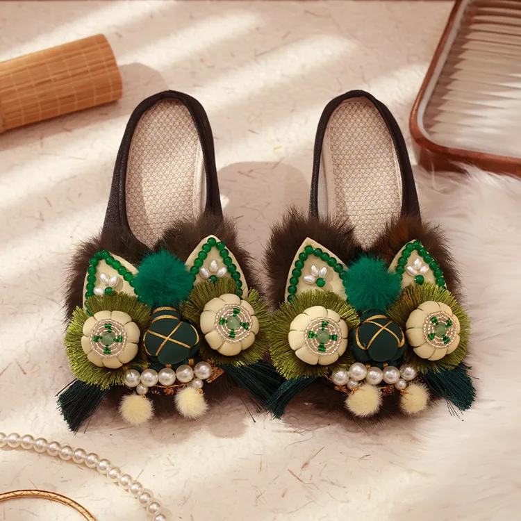 虎头拖鞋女成人夏季软底透气配汉服浅口国风凉鞋非遗手工绣花鞋