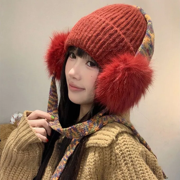 可爱流苏针织帽子女秋冬加厚保暖显脸小护耳户外帽
