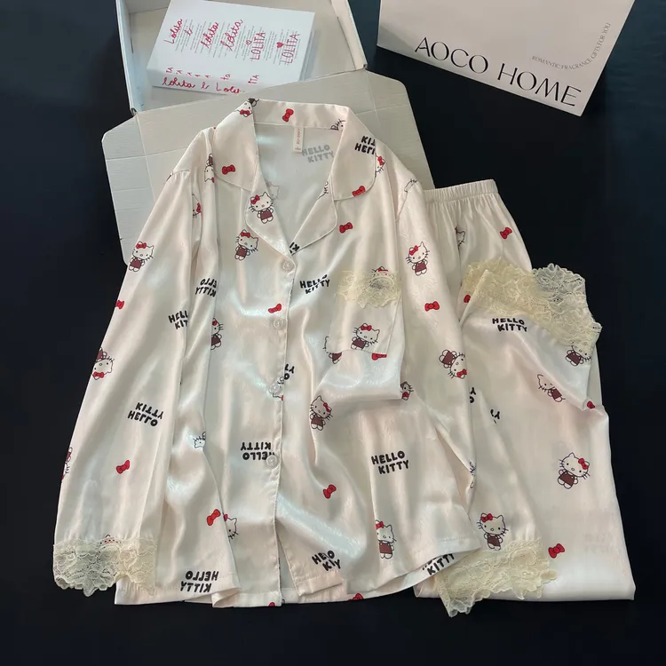 睡衣女春秋季冰雪丝长袖大码薄款2025新款凉感kt猫套装夏天家居服