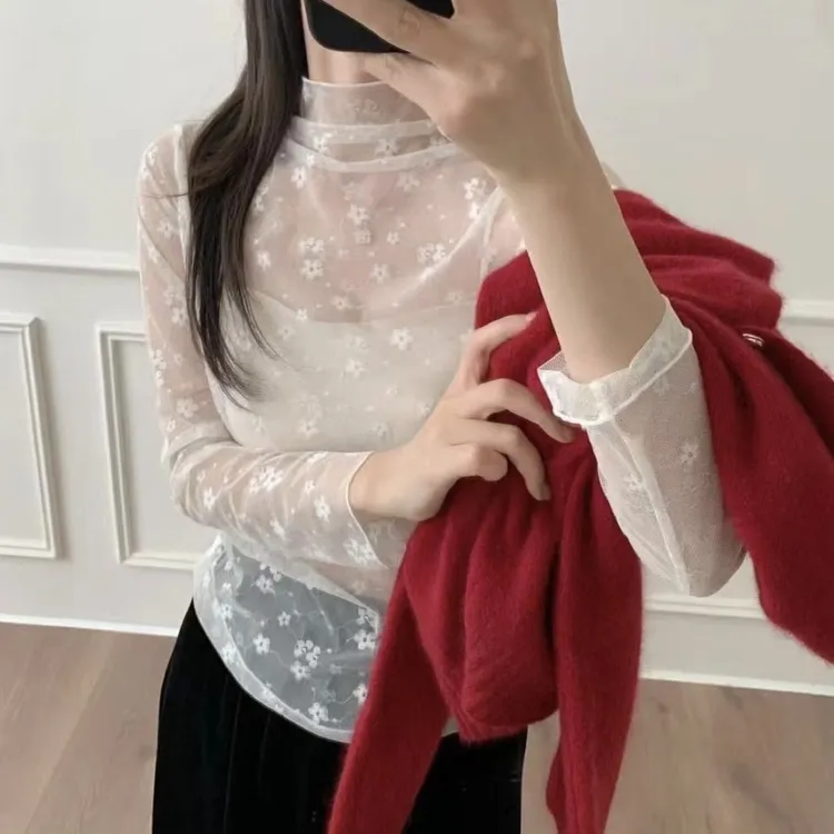 新品花朵透气镂空长袖秋冬穿搭神器半高领纱网修身蕾丝衫常规T恤