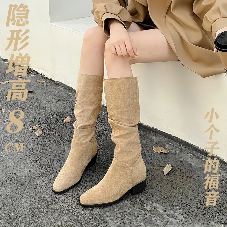 堆堆靴女内增高骑士靴秋冬新款网红小个子复古绒面粗跟高筒长靴女