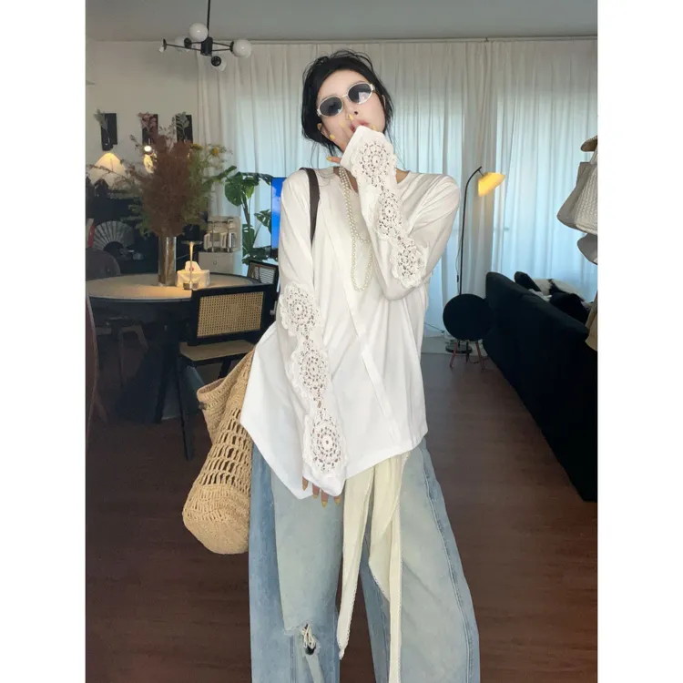春秋新款设计感花边拼接长袖T恤上衣女装大版宽松遮肚内搭体恤潮