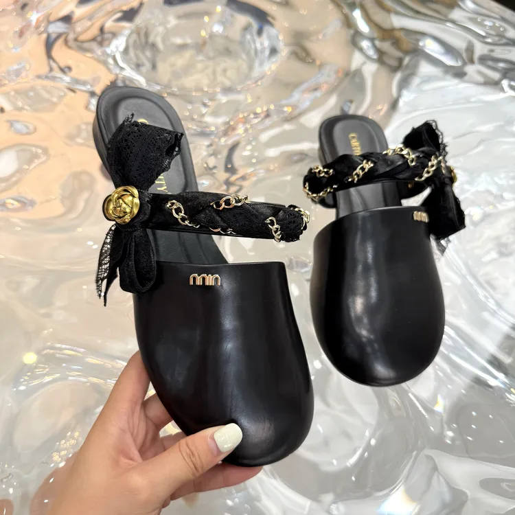 【卡卡】M家漆皮巨软半拖金属蕾丝低跟日常百搭包头软底凉拖008-18