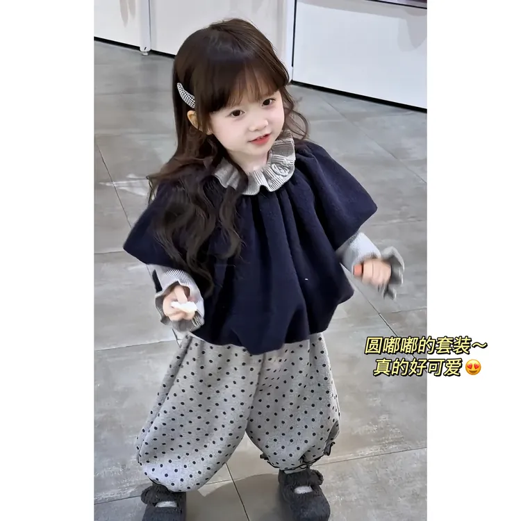 女宝韩系甜美花边针织衫冬季女童洋气蓝色上衣波点灯笼裤三件套装