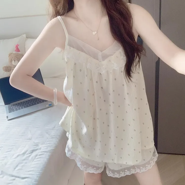 吊带睡衣女款夏季2025新款性感棉绸带胸垫蕾丝花边甜美家居服套装