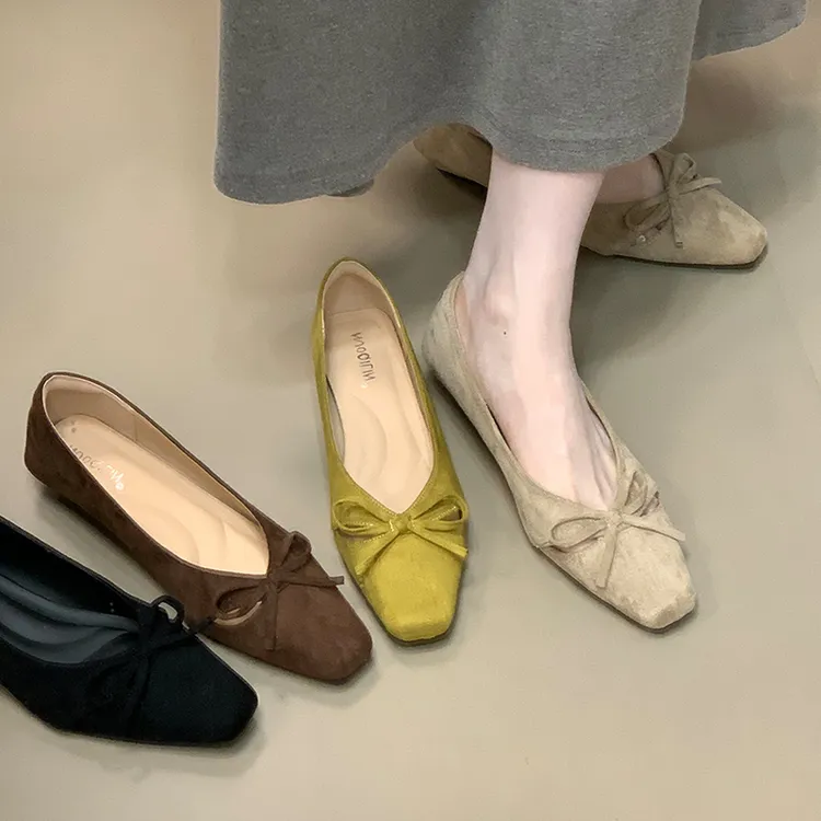 2025新款绒面通勤工作女鞋蝴蝶结百搭浅口单鞋女配裙子晚风瓢鞋