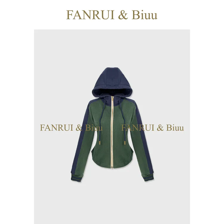 FANRUI/泛芮「贝贝biuu」连帽双色拼接复古洋气高级感卫衣B18528