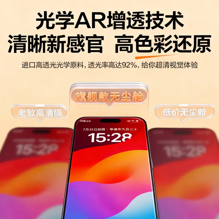 适用苹果17promax秒贴无尘仓钢化膜16康宁玻璃AR增透15进口疏油层