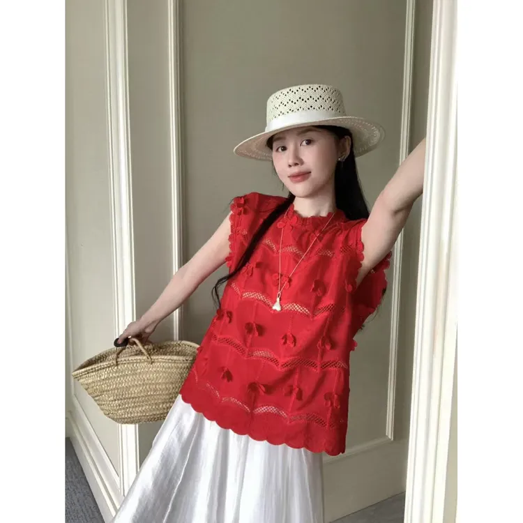 蕾丝花边镂空花朵无袖衬衫女夏季高级感轻奢减龄洋气衬衣背心上衣