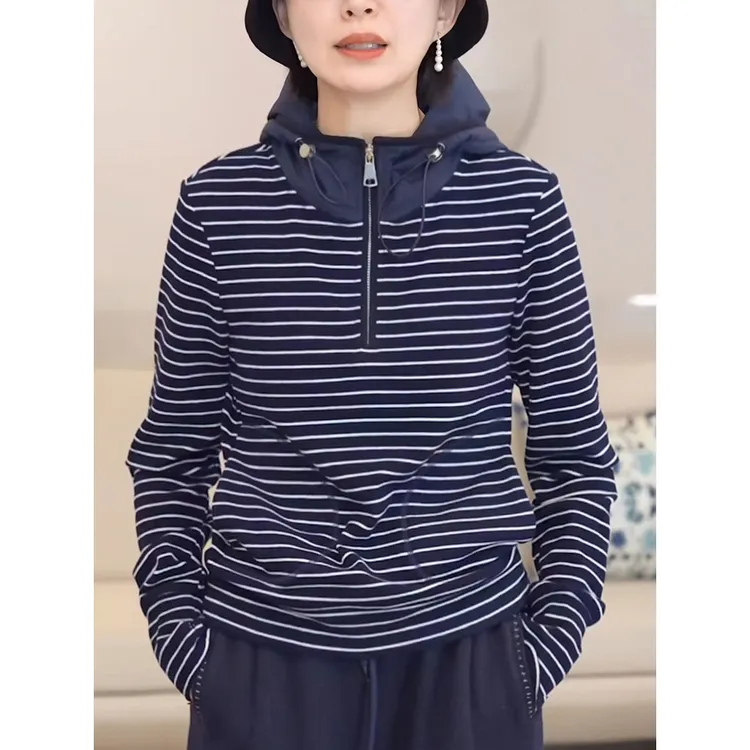 条纹连帽卫衣女士2025秋冬新款时尚减龄显瘦半拉链内搭打底衫上衣