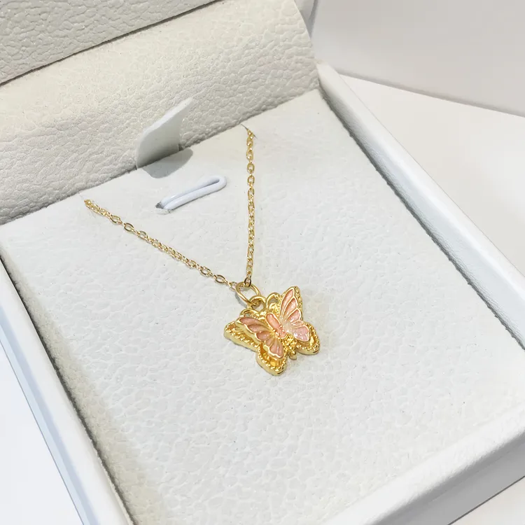 纯黄金珐琅蝴蝶吊坠精致烤漆轻奢时尚锁骨链999足金展翅蝴蝶项坠 