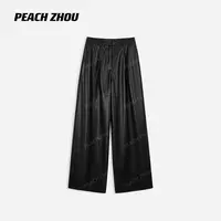 『PEACHZHOU』蛋白PU皮压褶散边宽松西装系扣休闲裤松紧腰阔腿皮裤