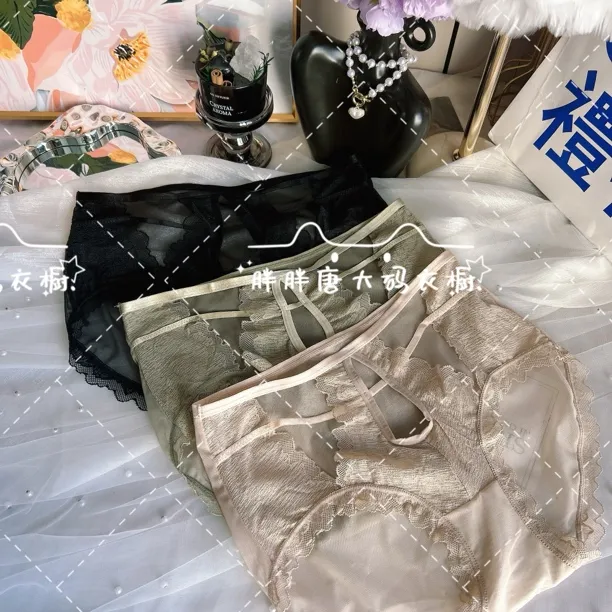 大码透气夏季无痕三角裤字母性感风女三角内裤时尚镂空法式蕾丝