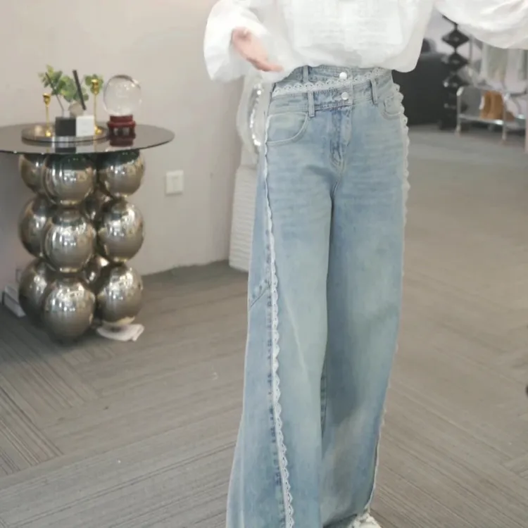 复古休闲时髦蕾丝拼接牛仔裤女2025春季高腰百搭小众独特显瘦裤子