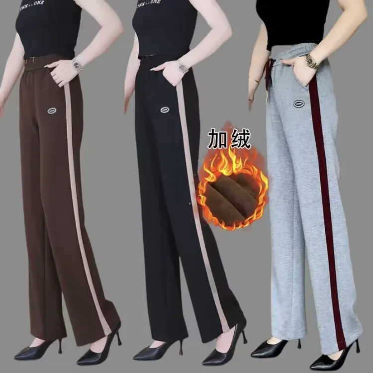 时尚百搭秋冬加绒抽绳运动休闲裤宽松长裤直筒宽松高腰减龄显瘦
