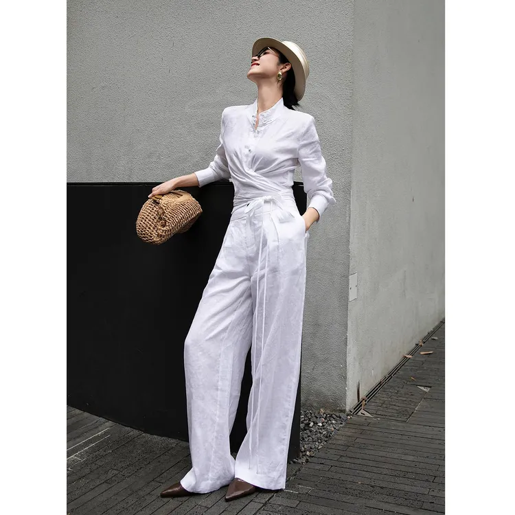 女总裁春夏职业装法式轻奢显瘦白色系带设计感时尚长袖亚麻套装潮