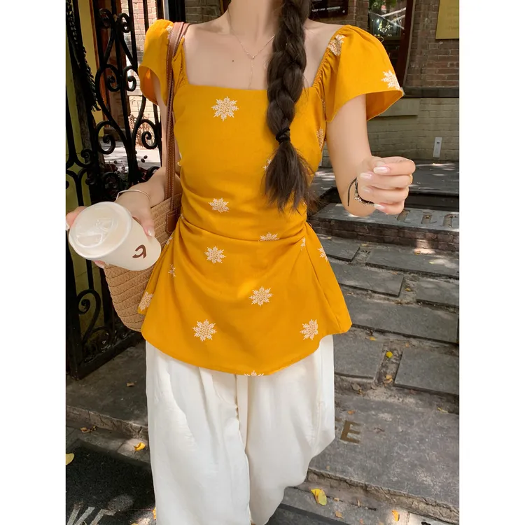 大码胖mm复古方领刺绣衬衫2025夏季新款设计感收腰显瘦阔腿裤套装