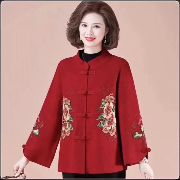 新款针织盘扣开衫外套时尚洋气妈妈刺绣花外套