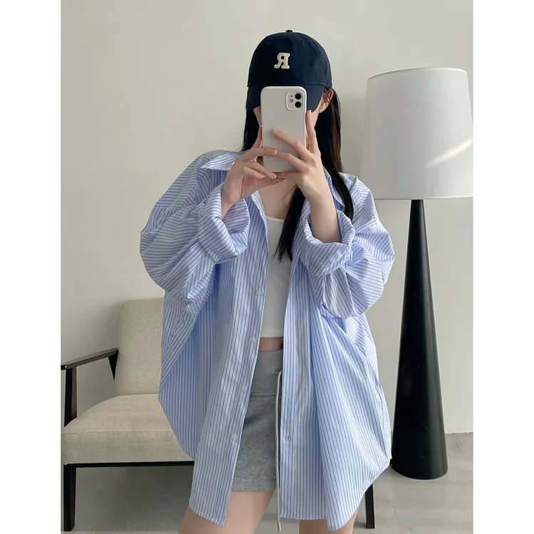 春夏条纹度假休闲防晒长袖衬衫女慵懒风韩版宽松显瘦上衣