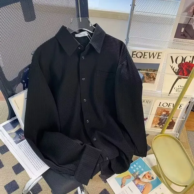 高级肌理感翻领坑条纹理长袖衬衫男士休闲商务衬衣轻熟风百搭上衣