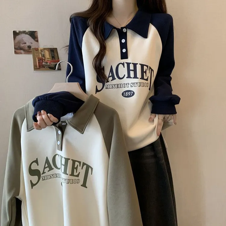 纽扣设计拼接抽绳卫衣女秋冬2025新款女装韩版宽松显瘦撞色上衣女