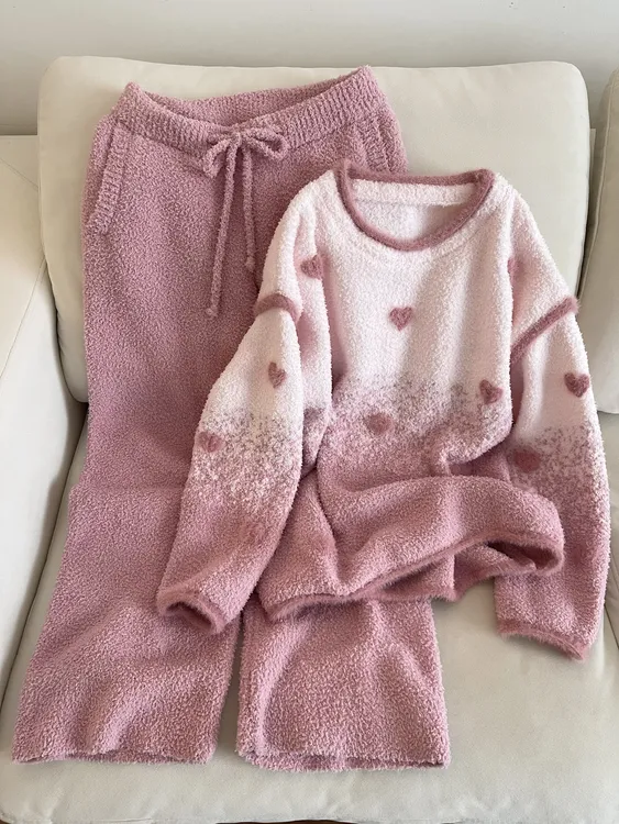 【DMXJ大梦想家】甜美爱心渐变半边绒睡衣女加厚秋冬款百搭居家套装
