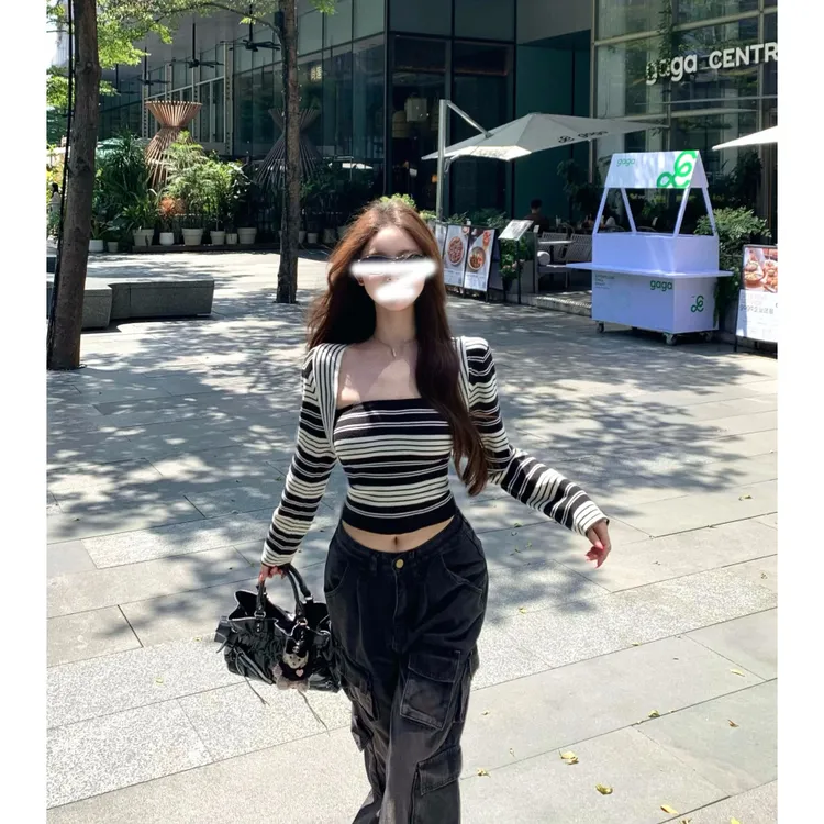 心动波尔卡 复古条纹针织抹胸短上衣长袖毛衣坎肩两件套短款辣妹