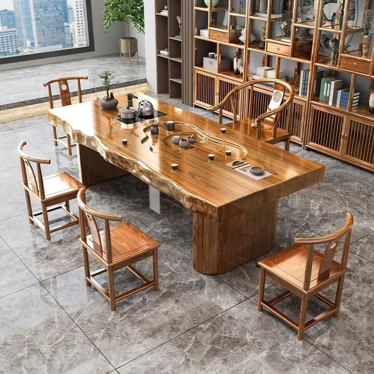 实木原木整板大板茶桌椅套装组合一桌五椅新中式茶几办公室泡茶台