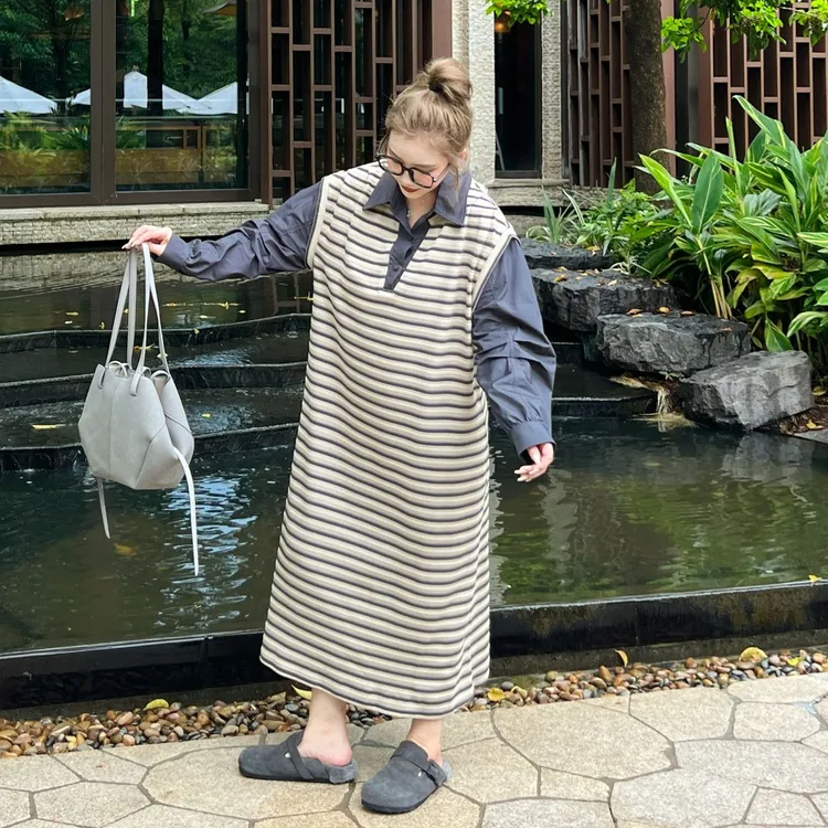 媛子大码条纹拼接假两件连衣裙韩版秋季新款时尚休闲洋气长裙