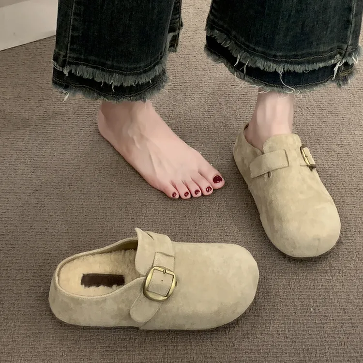 厚底内增高勃肯鞋包头毛毛半拖鞋女外穿2025新款秋冬一脚蹬棉拖鞋