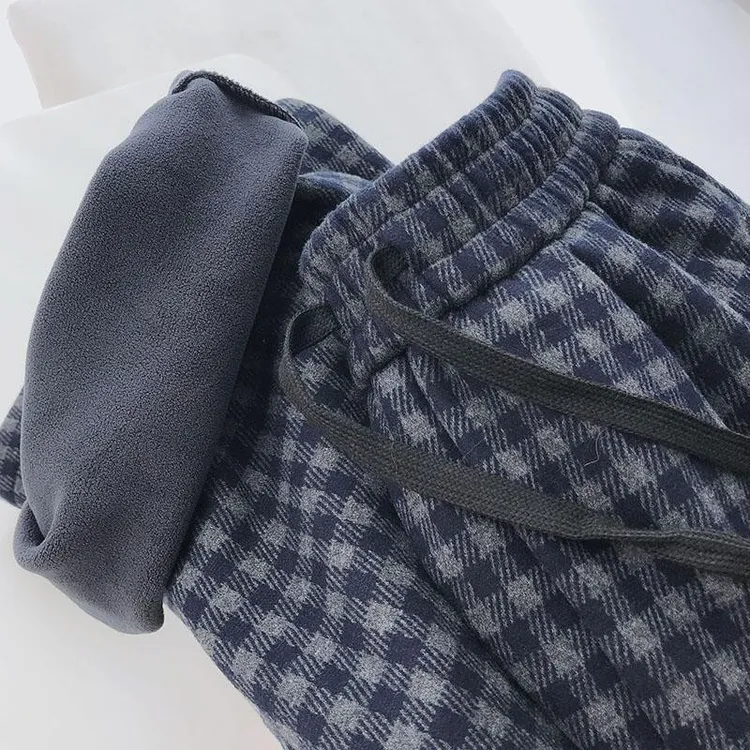 大码女装胖mm240斤保暖加绒加厚格子裤女宽松高腰休闲阔腿直筒裤