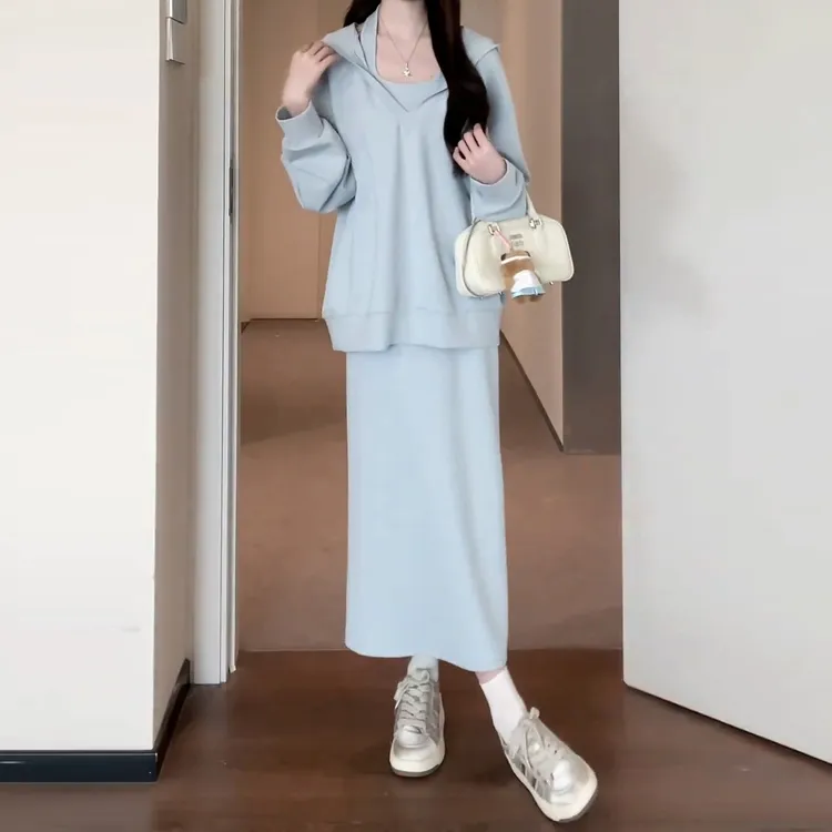 2025小个子挂脖吊带长袖连衣裙子新款女装秋季高级感穿搭长裙套装
