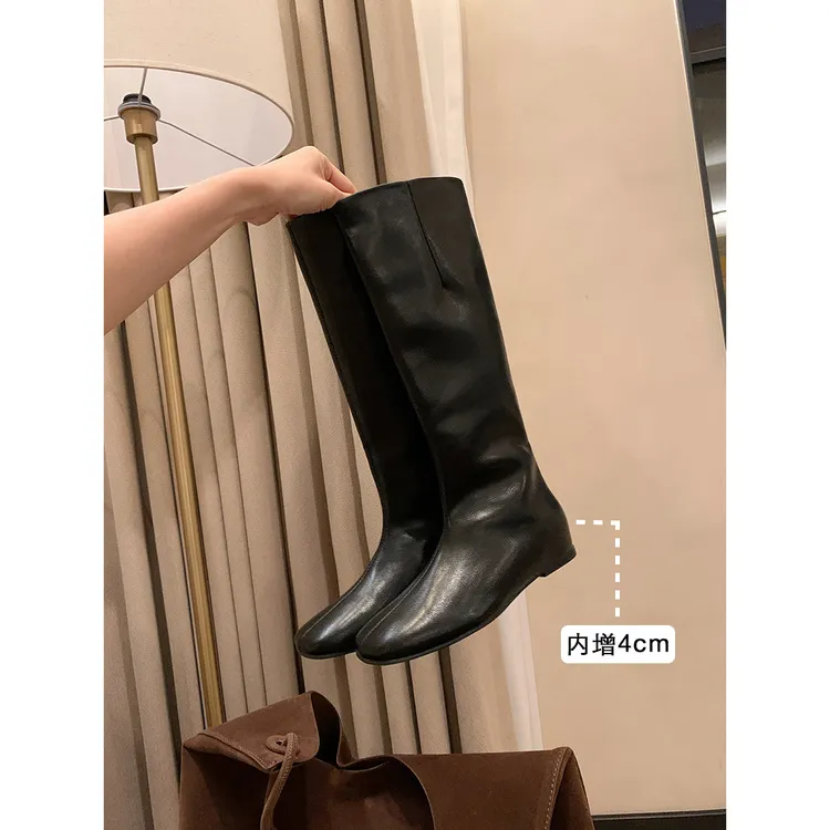内增高棕色美拉德长筒靴女靴子2025秋冬季方头显瘦骑士靴中筒长靴