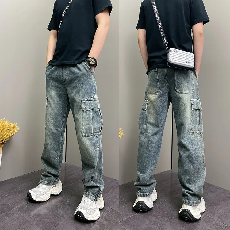 美式复古多口袋工装牛仔裤男直筒痞帅高级感宽松阔腿裤春夏款裤子