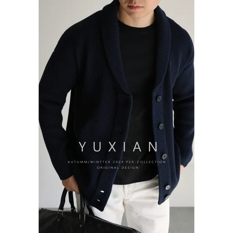 YUXIAN美式复古青果领重磅混纺男士针织纽扣外套长袖毛衣开衫冬季