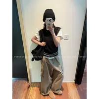 『PEACHZHOU』马海羊毛撞色提花字母宽松圆领洋气休闲叠穿针织马甲