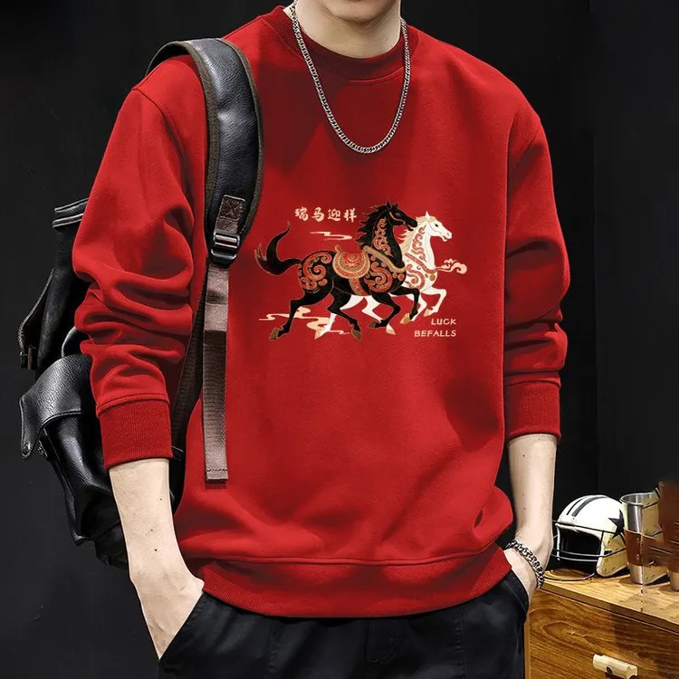新年红色卫衣加绒套头卫衣男士潮牌休闲百搭印花圆领打底长袖衫