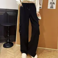 女士高腰阔腿宽松休闲工装裤秋季新款大兜运动休闲裤大码女装5086