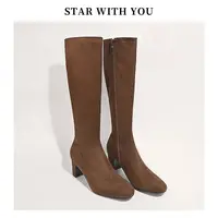 【STAR】气质复古小方头时尚百搭粗跟简约极简显瘦弹力瘦瘦靴6cm