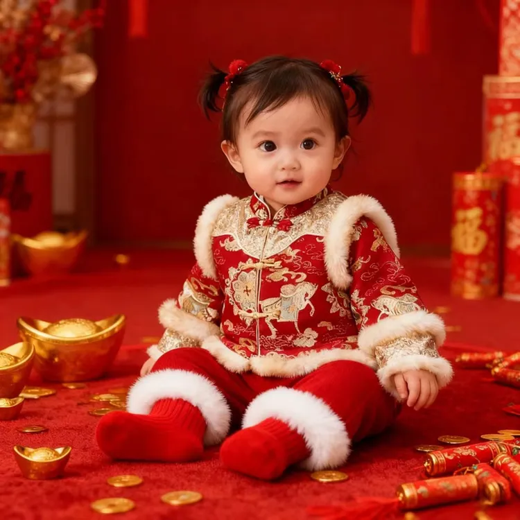 女宝宝抓周礼服冬装新中式婴儿周岁生日宴衣服红色喜庆唐装拜年服