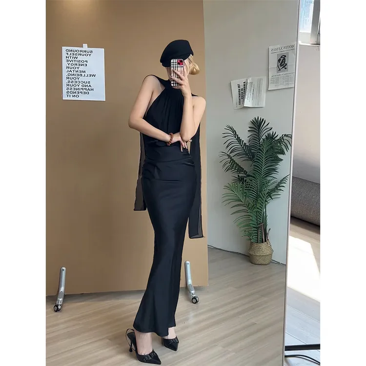 2025秋季新款纯欲性感辣妹设计无袖长裙露背修身度假长款连衣裙女