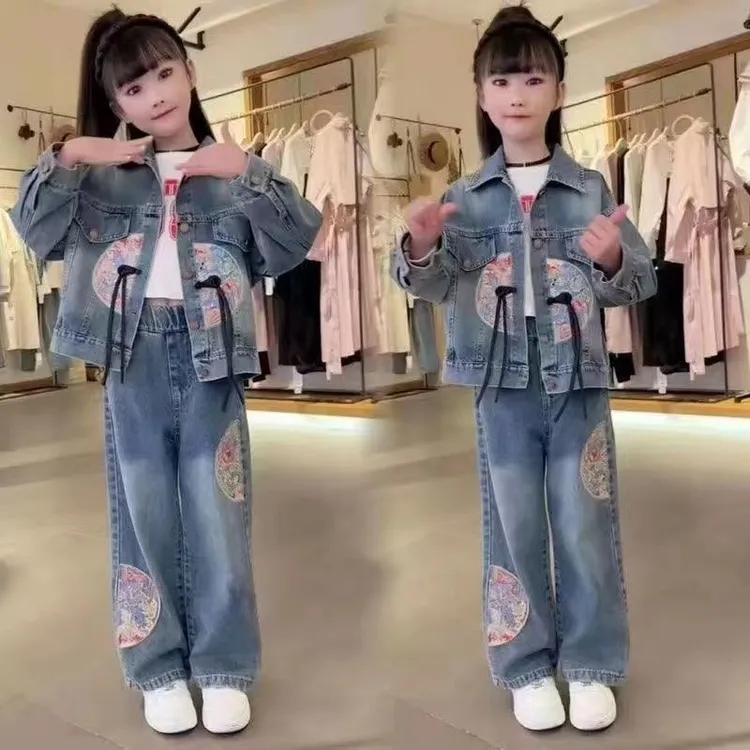 2025新款女童装国风套装中大儿童牛仔洋气长裤两件套复古中式春秋