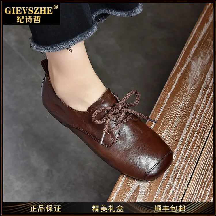 GIEVSZHE/纪诗哲鞋子女款爆款2025新款真皮方头单鞋英伦风小皮鞋